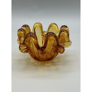 Vintage Amber Glass‎ Ashtray Pinched Petal Blown Bubble Glass Small Trinket Dish